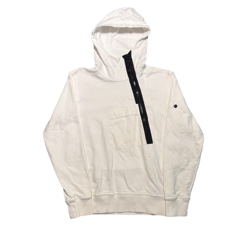 Stone Island Asymmetric Zip Hoodie White Cotton Fleece Bellows Pocket Mens L